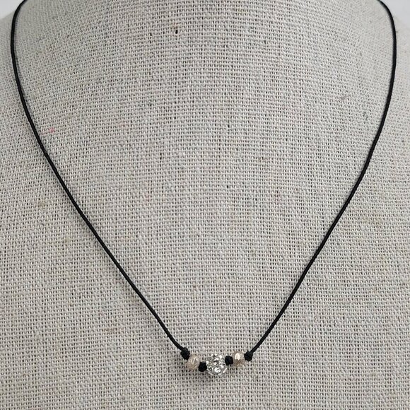 Silpada Jewelry - Silpada Sterling Silver Crystal Ball Black Leather Cord Necklace 16" Dainty